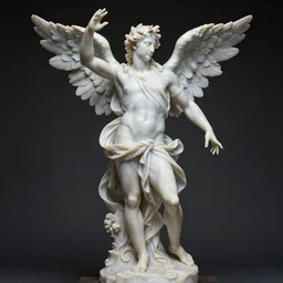 delicate full body renaissance marble sculpture of Lucifer highly aroused, perfect symmetrical face, highly detailed transparent marble cloth, gi, global illumination, physically based rendering, photorealistic, top light, dark background