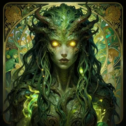 female humanoid swamp monster, sci fi, glowing eyes, volumetric lights, plant theme, art nouveau botanicals, intricate, intense detail, digital painting, artstation, concept art, smooth, sharp focus, cinematic, illustration, beautiful face, style of h. r. giger, greg rutkowski, alphonse mucha, kentaro miura, 4 k