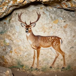 a cave painting of a deer and a 1 9 5 0 s sci - fi robot. lascaux cave paintings, chauvet