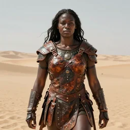 portrait, large barbarian woman wearing leather armor, heavy looking powerful imposing woman, by john willian waterhouse, jeff easley, highly detailed, hyperrealistic, dark skin, desert lands, sharp focus, soft lighting, centered, sunlight