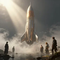 sci - fi space base, space rocket!! mist, sunrays, dust in the air, unreal engine, octane render, dramatic lighting, lake, digital art, by stanley artgerm lau, greg rutkowski, thomas kindkade, alphonse mucha, loish, norman rockwell,