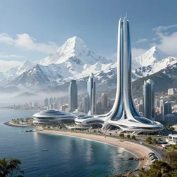 A coastal city near some snow-capped mountains, sci-fi, 8k photorealistic, coruscant from star wars, futuristic architecture