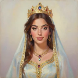 a portrait of victoria justice as an arabian princess in a disney movie, crown!! oil painting, pale colors, high detail, 8 k, wide angle, trending on artstation,