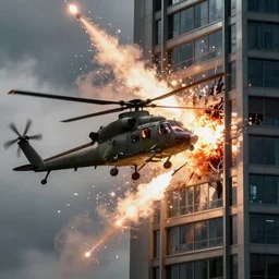 militarily helicopter firing missiles smashes through high rise window, explosions, by Michael Bay
