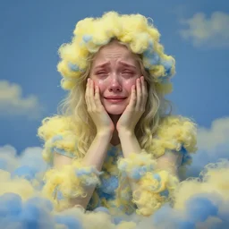 crying 9 0 - year - old ukrainian woman!!!!, fully covered in yellow and blue clouds!!!, disarming, enchanting, fragile, hopeful, cloudcore, portrait, by kim keever