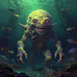 surrealistic monster on alien planet, underwater world, many fish, dim painterly lighting volumetric aquatics, detailed, subsurface scattering, green - purple - yellow lighting, trending on pixiv