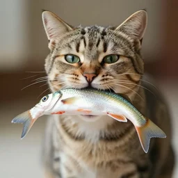 cat holding fish in his mouth