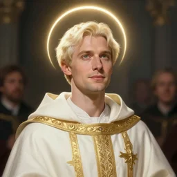 Portrait of an Aasimar man wearing white and gold cleric vestments with light green eyes short platinum blonde hair a kind face a halo of light over his head and a distantly hopeful expression, cinematic lighting, detailed, beautiful, illustration by Greg Rutkowski, Andrei Riabovitchev Jean Giraud Tom Anders Zorn, Edward Hopper and Ilya Kushinov, Frederick Bacon, Tom Anders Zorn, John Collier, Vladimir Abat-Cherkasov