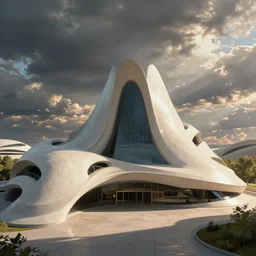 a zaha hadid building in a studio ghibli landscape
