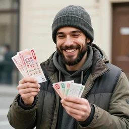 a handsome homeless man with a colgate smile is in joy after winning the lottery.