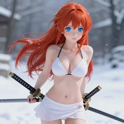 winter picture : a detailed very beautiful young ginger anime girl looks like a geisha with 2 japanese swords, detailed sky blue eyes, cute, bikini, white miniskirt, highly detailed, cinematic wallpaper by stanley artgerm lau,