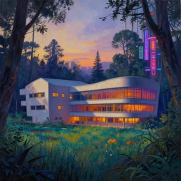 a beautiful detailed painting of architecture nature school by frank lloyd wright, thermal vision meadow scumm bar cyberpunk forest darkacademia nature at dawn postcyberpunk neon signs, archdaily, wallpaper, highly detailed, trending on artstation.