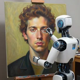 robot artist painting a self - portrait on a canvas. intricate, highly detailed, digital matte painting, in the style of alexandros pyromallis, and in the style of sachin teng, and in the style of hans thoma, and in the style of siegfried reinhardt. irony, recursion, inspiration.