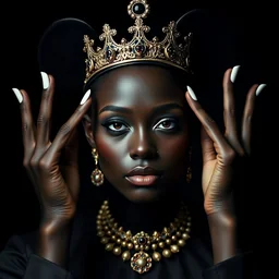 black queen with a mickey mouse hat, face symmetry, beautiful hands, symmetry, photo shooting gucci, by tom bagshaw and gucci