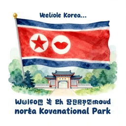 welcome to north korea national park! vibrant tourist poster, minimalism, tourism, rich color palate, watercolors, trending on artstation