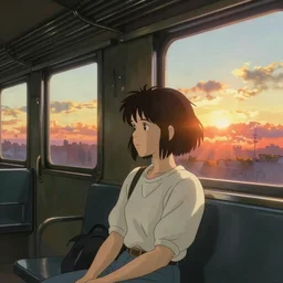 lone girl waiting inside a 70s train, dreamy, stanley kubrick the shinning, vibrant colors americana, cinematic, volumetric lighting, god rays, sunset, realistic, detailed, digital art, studio ghibli anime