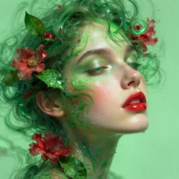 dreaming face, swirling liquids, flowers and leaves, green and red, digital art portrait