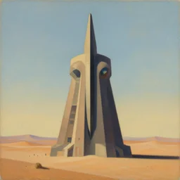 very geometric strange cyberpunk pagan giant monument in the middle of the desert by dali and bosch and moebius, oil painting, minimalistic