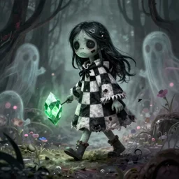 little damaged zombie girl with a black long hair walking on a dream - like world wearing a black and white chequered : : 1. 5 cloak. full body shown. full body. we can see her whole body. she is surrounded by invisible ghosts. she is carrying a green symmetrical crystal. she looks worried, by greg rutkowski, dark fantasy art