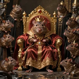 the king of sewer rats upon his throne, surrounded by his court