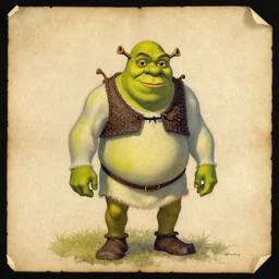 a scan of an ancient piece of art on parchment depicting a still of shrek ( 2 0 0 1 )