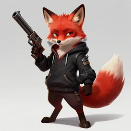 a league of legends concept art of an anthropomorphic red fox in a black hoodie with scar on a face holding a gun, front view, artstation, digital art, oc commission, style by jordan grimmer and greg rutkowski, 4 k resolution