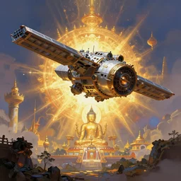 spacecraft landing in mythical buddhist kingdom of shambhala, in the style of frank frazetta, ultra realistic, atmosphere glow, detailed intricate, colorful, cinematic lighting, unreal engine, god lighting