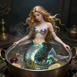 realistic detailed mermaid cooked in a cooking pot