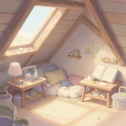 placid pastel morning cute cluttered painterly fluffy tiny cramped dusty attic, slanted roof, tiny space, particulate, trending on pixiv