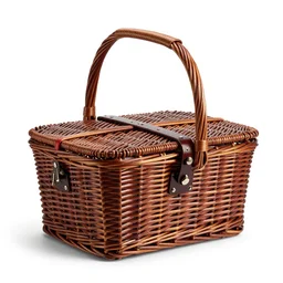 lacquered picnic basket, commercial catalog photo, isolated on a pure white background, centered, entire object in frame, sharp focus, soft studio lighting