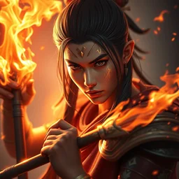 a masterpiece portrait of nezha, legendary god holding spear, flame everywhere, epic pose, fantasy character portrait, closeup shot, hyper detailed, digital painting, 8 k realistic, trending on artstation, sharp focus, dof, by fenghua zhong, artgerm, ne zha from smite, jeff easley, raymond swanland