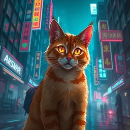 cyberpunk ginger cat in the city, neon lighting, digital art, trending on artstation, fanart, by kawacy