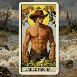 a dramatic, epic, ethereal tarot painting of a handsome brown shirtless cowboy | background is a torrential flooding river | tarot!! card, art deco, art nouveau | by Mark Maggiori (and Alphonse Mucha) | trending on artstation