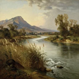 big river, stream, left mountains, reed, rush, rhine, classical painting, hudson river school, realistic lighting