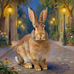 a beautiful painting of a rabbit, looking into the camera, on a street paved with cobblestones and warm streetlights in a magical art nouveau city with many flowers and trees, highly detailed, smooth, sharp focus, intricate, fantasy, trending on artstation, elegant, by Thomas Kinkade