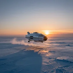 a small spaceship landed on an ice covered planet, gradient sunset in the background