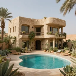 brutalism hotel in the desert, biophilia mood, pool, garden, highly detailed, cinematic, photorealistic,