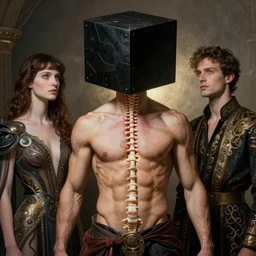 muscular man exposed spinal cord, black biomechanical cube over head, by magali villeneuve, iris van herpen, jean delville, james jean, visionary, symbolist, ornate garments, beautifully lit