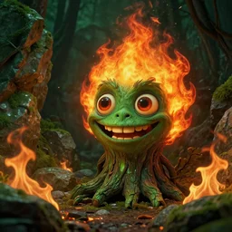 detailed rock scene with flames, a close up of a funny tree monster fire spirit with detailed smiling face, large eyes and flame hair by maurice sendak, shaun tan made in hyperrealistic 3 d, octane render, dark green colours, sharp focus, 8 k, nighttime, concept art, artstation