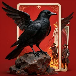 beautiful digital fantasy illustration of a black bird with a red background, vanitas, wiccan, tarot card, angel sitting on a rock, abyssal warmth, cowboy plague doctors, octane render, detail texture, unreal engine, poster art by victo ngai, 8 k, photographic quality, ultra hyper realistic quality