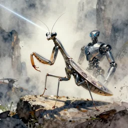 concept art of a mantis insect in robot, pinterest, artstation trending, behance, watercolor, by coby whitmore, silver, laser light,