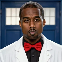 kanye west as the doctor! with bright red bowtie!! in doctor who, doctor who, tardis!! tardis! movie still, detailed face, cinematic lighting, octane render, long lens, shallow depth of field, bokeh, anamorphic lens flare, 8 k, hyper detailed, 3 5 mm film grain