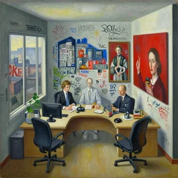 beautiful painting called office life, office in miniature, office walls sprayed and tagged with graffityand edding markers, in the style of beksinski, parts by edward hopper, parts by michael sowa, parts by yue minjun, intricate composition by bosch, red by caravaggio, insanely quality and details, masterpiece