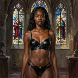 breathtaking detailed soft painting of a sensual black girl in leather underwear, in medieval castle with znlightened stained glass, symmetrical realistic facial features, rembrandt style, elegant, highly detailed, artstation, concept art, matte, sharp focus, art by tom bagshaw, kelogsloops and greg rutkowski