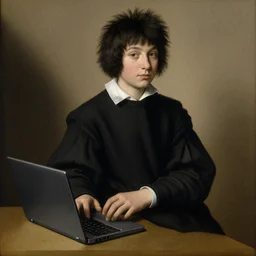 portrait of a shaggy black haired teenager with a black colored sweater with a laptop, full body, renaissance painting, ultra detailed, high resolution, masterpiece