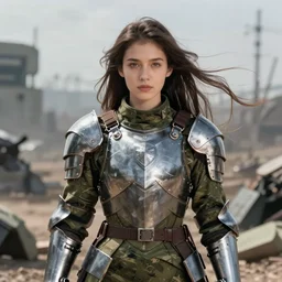 portrait photo of beautiful young female, clothed in military armor, long hair blowing in the wind, from metal gear. Future war zone behind her. by Anita Sadowska