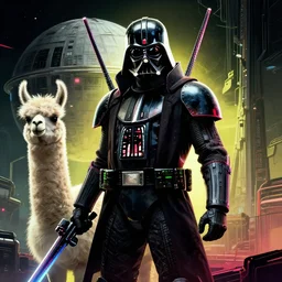 cyberpunk 4 k extreme detail high contrast digital art star wars dearth vader integrated with a llama on the death star