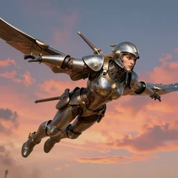 a dieselpunk valkyrie taking flight into a vivid sky, ilya kuvshinov face, highly detailed, cel shading, watercolor, anime key visual, in the style of hayao miyazaki and alphonse mucha