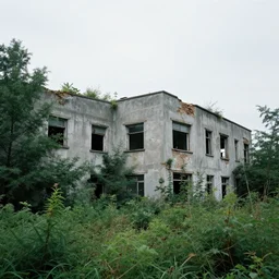 an abandoned building, overgrown plants, dreamy, overcast, by hans bellmer