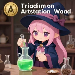 cute anime witch with light pink hair, a dark blue hat and dark blue robes brewing a bright green potion, digital art, trending on artstation, award-winning photograph